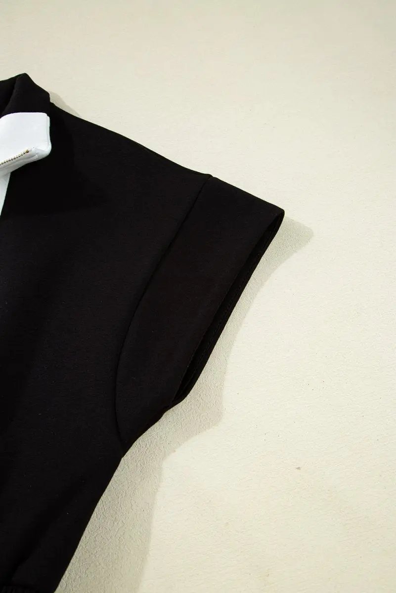 Black Contrast Collar Patchwork Zip Front Romper for Women - Love Salve